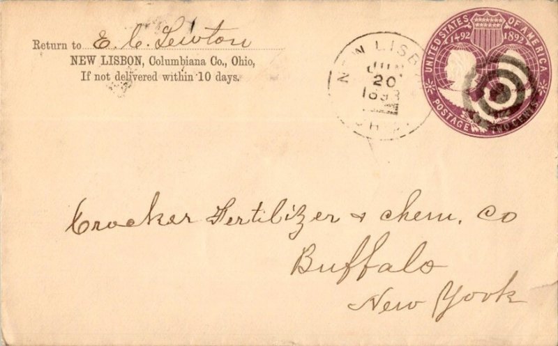 United States Ohio New Lisbon 1893 target  1813-1894  2c Columbian Envelope.