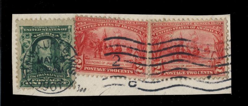 US - 1907 - Sc.#300 & 2x Sc.#329 ON FRAGMENT CANCELLED MILWAUKEE, WI