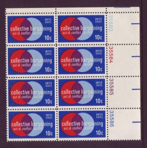 1975 Collective Bargaining Plate Block of 8 10c Postage Stamps, Sc# 1558, MNH,OG