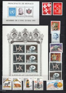 MONACO 1993 SET OF 13 STAMPS,SHEET OF 6 STAMPS & S/S MNH