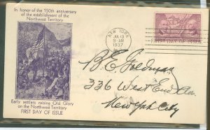 US 795 1937 3c Northwest ordinance (single) on an addressed FDC with a J.W. Clifford cachet.