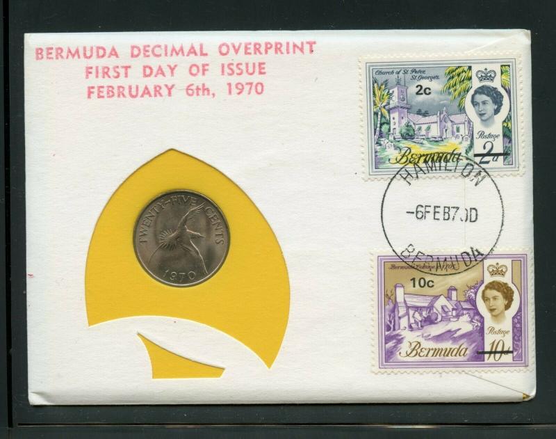 BERMUDA 1970 COMBO FIRST DAY OF ISSUE DECIMAL OVERPRINTS WITH 25c COIN COVER