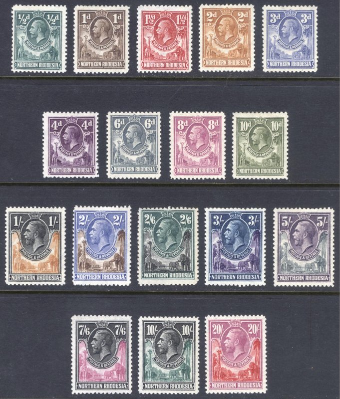 Northern Rhodesia 1925 1/2d-20/- GV Girf & Elep Scott 1-17 SG 1-17 MLH Cat $732