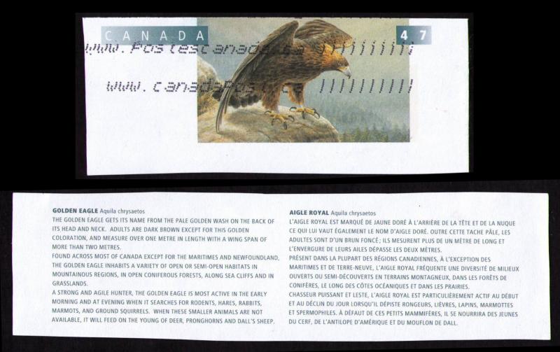 CANADA 1996 BIRDS TOPICAL CUT SQUARE 47c #U164 GOLDEN EAGLE + CANADAPOST LABEL