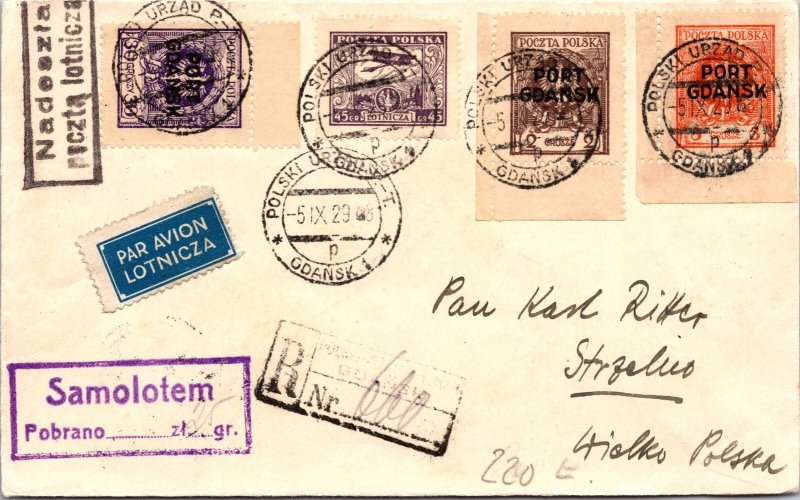 1929 Gdansk Poland Local Registered Airmail FFC First Flight Cover to Strzelnd