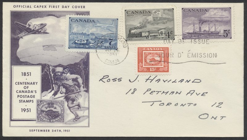 1951 #311-314 Stamp Centenary Combo FDC CAPEX Cachet Toronto