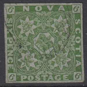 SG 5 Nova Scotia 1851-60. 6d yellow-green. Very fine used with a light grid...