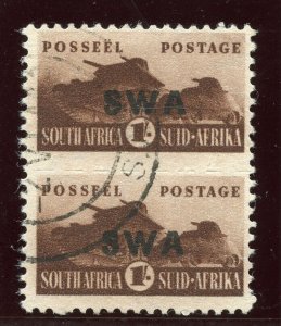 South West Africa 1943 KGVI 1s brown pair very fine used. SG 130. Sc 151.