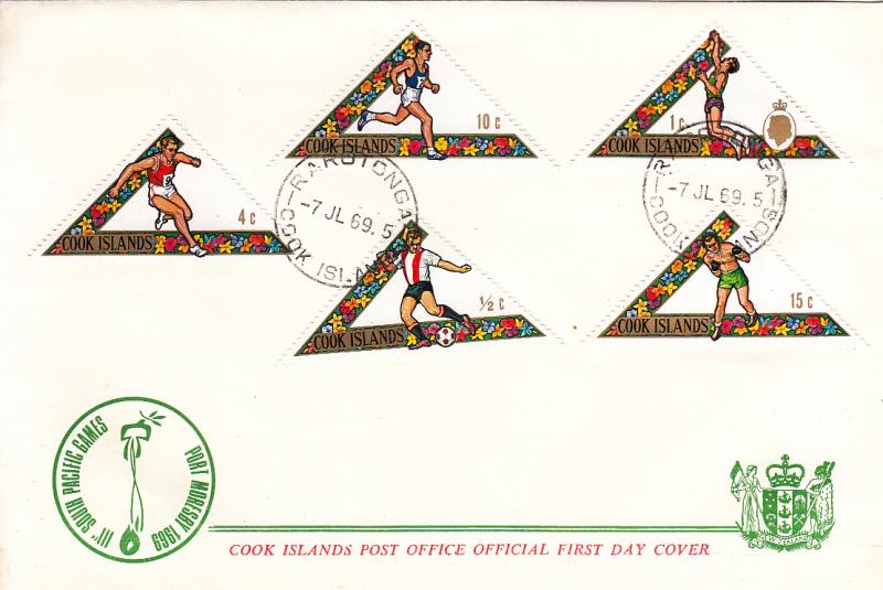 Cook Islands 1969 2 FDCs Sc #254-#258 Soccer, Pole vault, Boxing, Tennis - Sp...