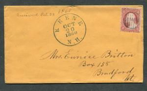 Postal History - Keene NH 1860 Blue Serified Year Dated CDS Cover B0202