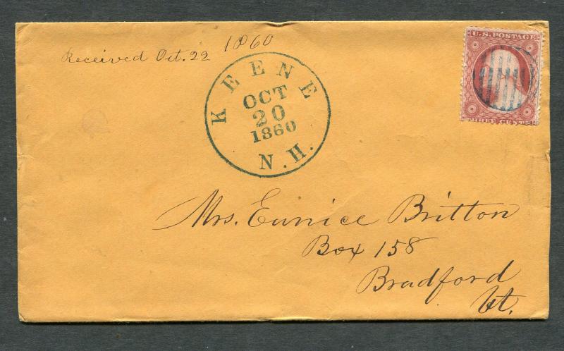 Postal History - Keene NH 1860 Blue Serified Year Dated CDS Cover B0202