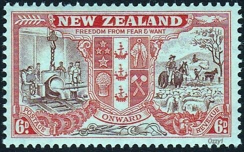 New Zealand 1946 Sc#254, SG#674 6d  Peace - Arms MINT-XF-OG-NH.