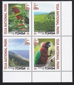 TONGA 2017 'Eua National Park Parrots block of 4 MNH Under Face............A9630