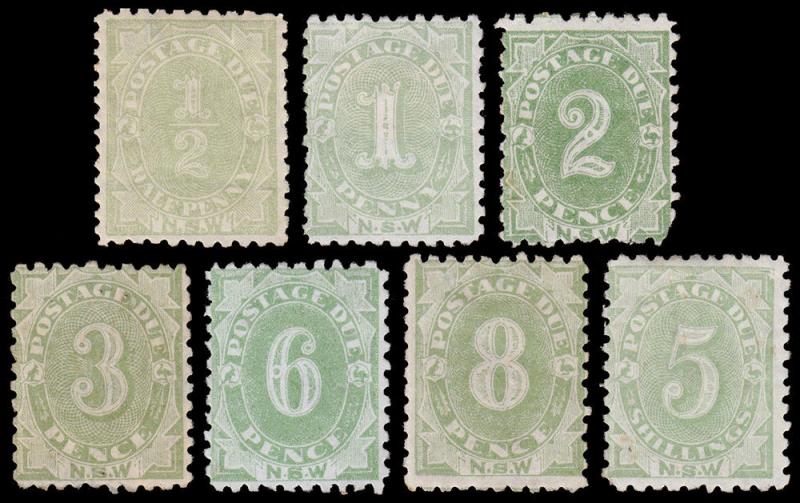 New South Wales Scott J1-J4, J6-J8, Perf.10x10 (1891-92) Mint H F-VF, CV $620 M