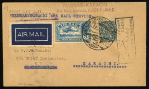 India Madras Karachi First Airmail Flight 1932 Postage British Commonwealth
