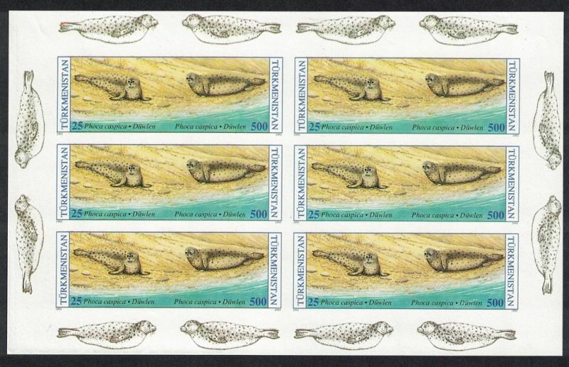 Turkmenistan WWF Caspian Seal 2v stamps IMPERF SHEET RARR 1993 MNH SG#33+37