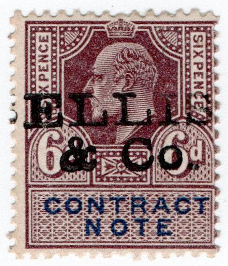 (I.B) Edward VII Revenue : Contract Note 6d (Ellis & Co pre-cancel)