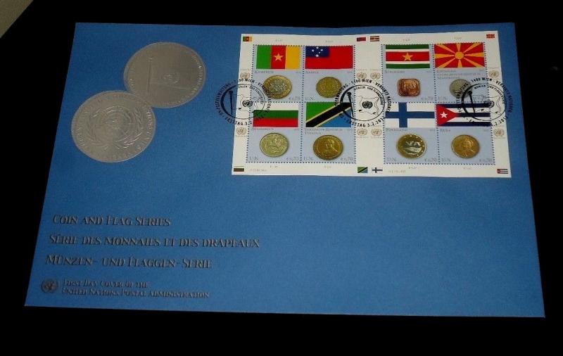 U.N. 2012, FLAG & COIN SHEET/8 ON OVER SIZED COVER,ALL 3 OFFICES FDC NICE! LQQK!