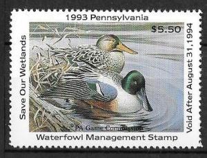 USA, Pennsylvania PA11, 1993 Hunting Permit Stamp, VF, NH