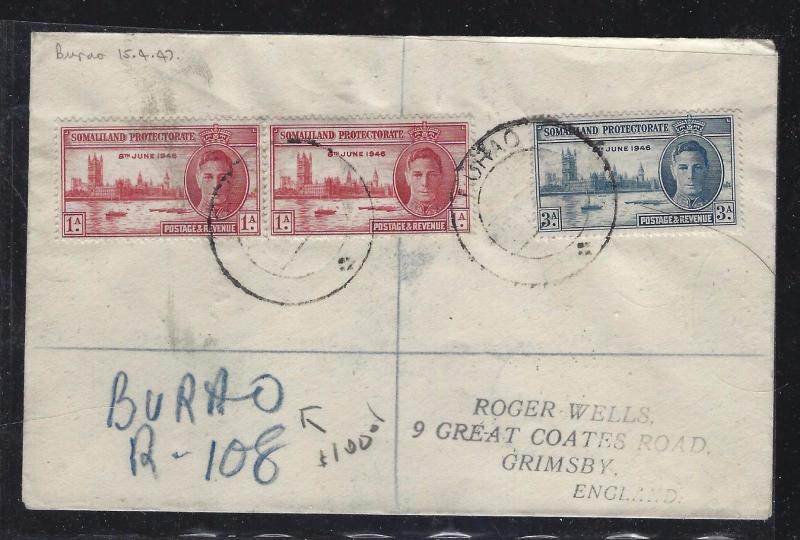 SOMALILAND COVER (PP0312B)   KGVI  PEACE SET REG BURAO  TO ENGLAND