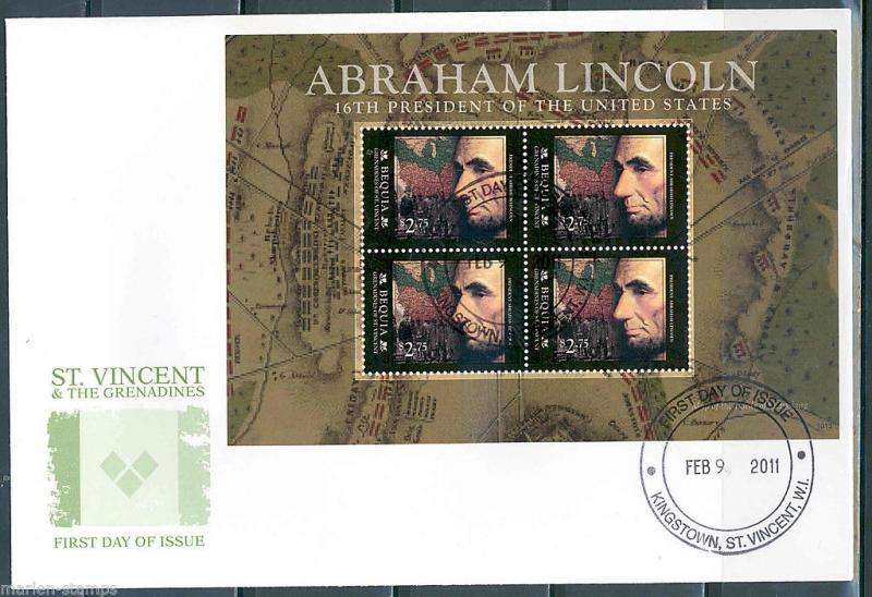 ST. VINCENT GRENADINES BEQUIA  PRESIDENT ABE LINCOLN SHEET I  FIRST DAY COVER