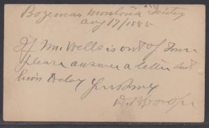 **US 19th Century Postal Stationery Cover, SC# UX5, Bozeman MT Terr 8/17/1885