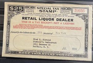 U.S. Tax Stamp- Liquor Dealer- Buffalo NY- 1939