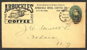 USA U312 STATIONERY ARBUCKLES COFFEE NEW YORK ADVERTISING COVER 1891