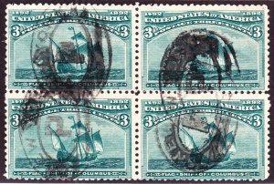 US 232 3c Columbian Exposition Used Block of 4 F-VF SCV $140