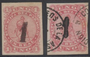 PARAGUAY 1884 PROVISIONAL Sc 19 TWO SINGLES BLACK & OILY BLACK HS' UNUSED/USED