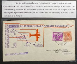 1936 Amsterdam Netherlands Airmail First Flight  Cover FFC To Budapest Hungary