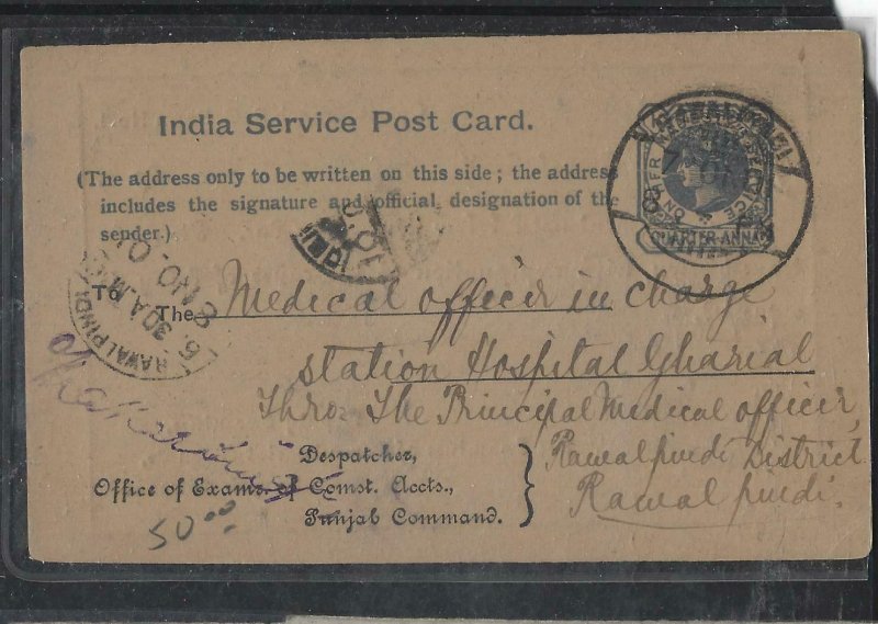 INDIA (P0209B)  1901  QV 1/4A PSC FROM PUNJAB COMMAND TO RAWALPINDI