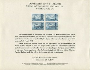 25c Airmail Vignette Souvenir Card Bureau Engraving and Printing 1972 Stamp Expo 