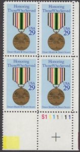 1991 Honoring Those Who Served Medal Plate Block of 4 29c Stamps, Sc#2551, MNH