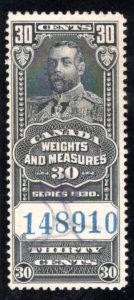 van Dam FWM64, 30c Black, used, 1900 KGV, Canada Weights and Measures Revenue