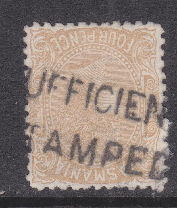 TASMANIA, 1891 4d. Bistre canc. part INSUFFICIENTLY STAMPED