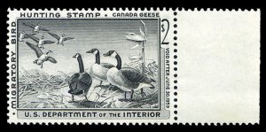 United States, Duck Hunting #RW25 Cat$85, 1958 $2 Canada Geese, right sheet m...