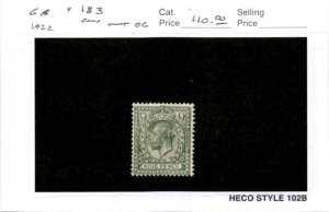 Great Britain, Postage Stamp, #183 Mint Hinged, 1922 King George (AB)