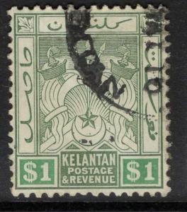 MALAYA KELANTAN SG9 1911 $1 GREEN & EMERALD FINE USED