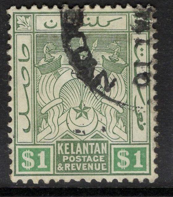 MALAYA KELANTAN SG9 1911 $1 GREEN & EMERALD FINE USED