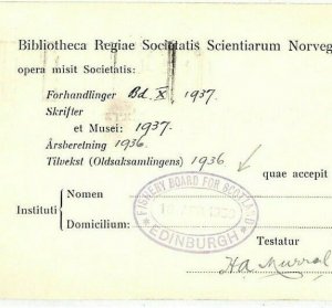 Norway Library Card Returned FISHERY SCOTLAND Edinburgh 1938 {samwells} KK156