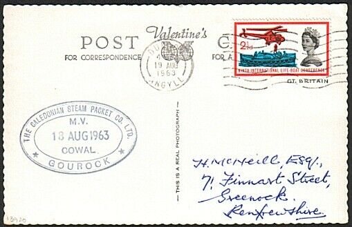 GB SCOTLAND CLYDE STEAMER 1963 postcard ex Dunoon MV COWAL cachet..........13920