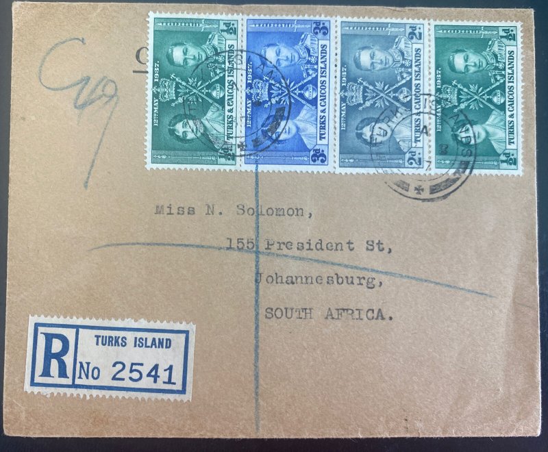 1937 Turks Island Registered Cover To South Africa King George VI Coronation