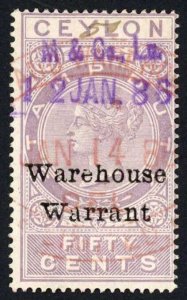 Ceylon Warehouse Warrant BF10 50c overprint type A