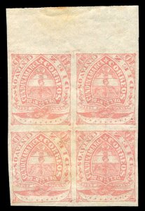 Colombia, Colombian States - Cundinamarca #3a, 1877 10c red, Laid Paper, bloc...