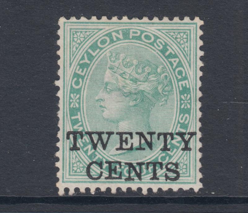 Ceylon Sc 105 MNG. 1885 20c surcharge on 24c green QV, dropped N in CENTS