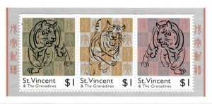 St. Vincent 1998 SC# 2520 Lunar Year of Tiger, China - Strip of 3 Stamps - MNH