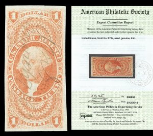 Scott R74a 1862 $1.00 Imperf Passage Ticket Used VF Cat $350 with APEX CERT