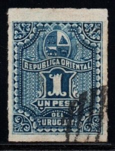 1877 Uruguay 1 Peso used Gem 4 margins Coat of Arms flag sun horse