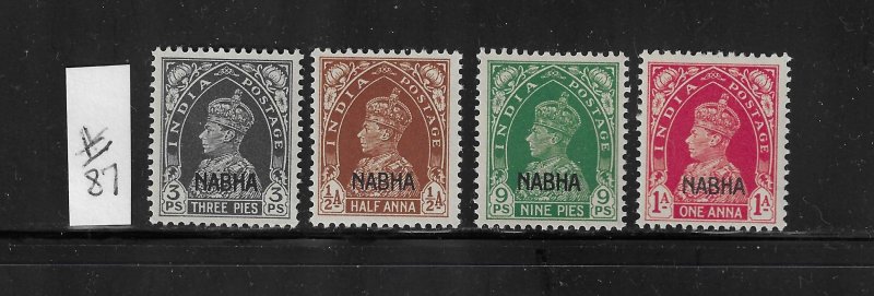 INDIA-NABHA STATE SCOTT #87-90 1942 INDIA OVERPRINTS -MINT LIGHT HINGED/NH